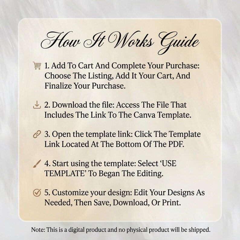 May include: A beige guide titled "How It Works Guide" with instructions for a digital product. Steps include adding to cart, downloading a file, opening a template link, using the template, and customizing the design. The note states it's a digital product.