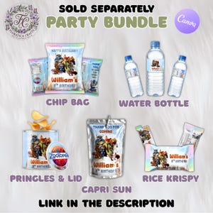 May include: Party bundle featuring custom-designed items with a Zootopia theme. Includes chip bags, water bottles, Pringles with a lid, Capri Sun pouches, and Rice Krispy treats, all personalized with "William's 8th Birthday!" Text on the image reads "Sold Separately" and "Link in the Description."