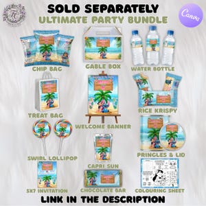 May include: An assortment of party supplies featuring a tropical theme with the text "SOLD SEPARATELY ULTIMATE PARTY BUNDLE". Items include chip bags, a gable box, water bottles, a treat bag, a welcome banner, swirl lollipops, Capri Sun, and more. "LINK IN THE DESCRIPTION".