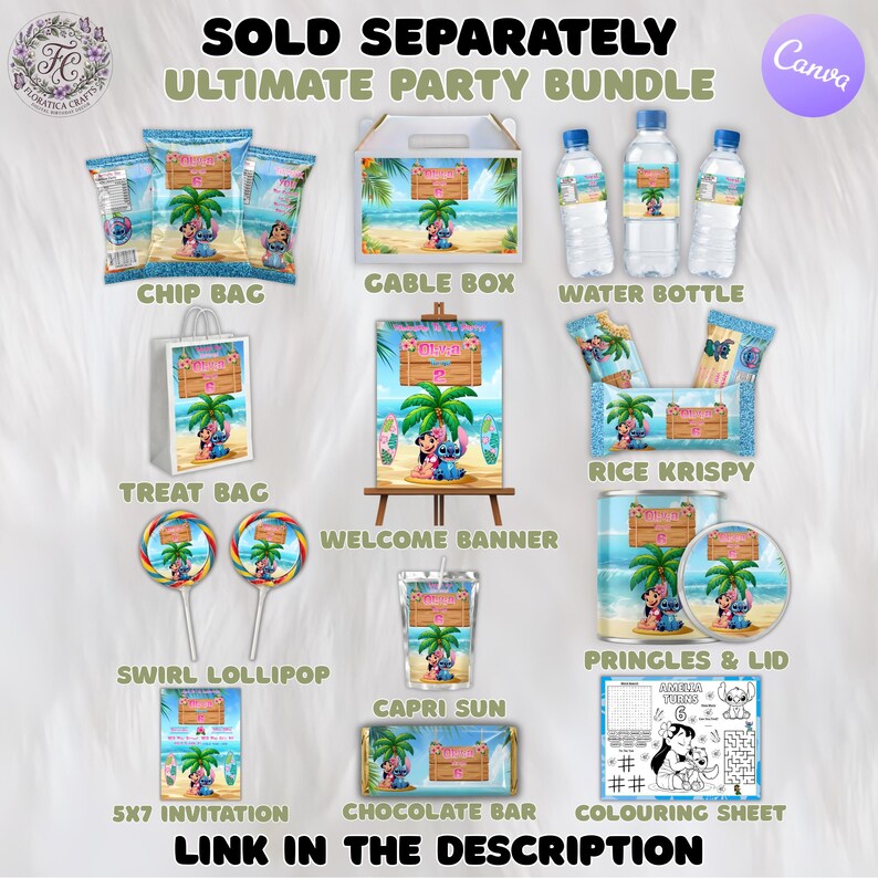 May include: An assortment of party supplies featuring a tropical theme with the text "SOLD SEPARATELY ULTIMATE PARTY BUNDLE". Items include chip bags, a gable box, water bottles, a treat bag, a welcome banner, swirl lollipops, Capri Sun, and more. "LINK IN THE DESCRIPTION".