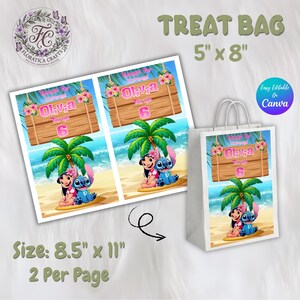 May include: White treat bag with a colorful design featuring the characters Lilo and Stitch on a beach scene. The bag is labeled "TREAT BAG" and measures 5" x 8". The design includes the name "Oliva" and the number "6".