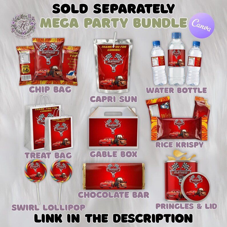 May include: A party supply bundle featuring red themed packaging with race car graphics and the text Mathew 5. Includes chip bags, juice pouches, water bottles, treat bags, a gable box, rice crispy wrappers, lollipops, chocolate bars, and a Pringles can.