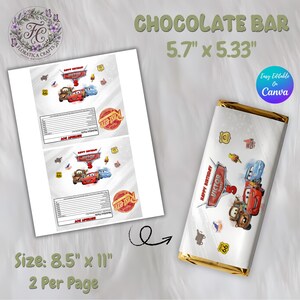 May include: A chocolate bar with a gold foil wrapper, featuring a Cars-themed design. The wrapper displays images of Lightning McQueen, Mater, and other characters. The printed design is 5.7" x 5.33". The image also shows a printed sheet with two designs, each 8.5" x 11".