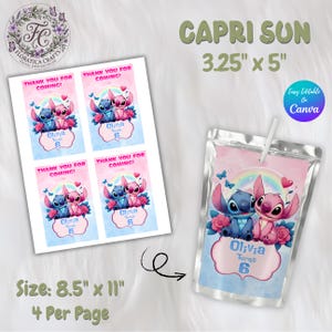 May include: A Capri Sun pouch and printable labels featuring the characters Stitch and Angel. The Capri Sun is 3.25" x 5" and the labels are 8.5" x 11", with the text "Thank You For Coming!" and "Olivia Turns 6".