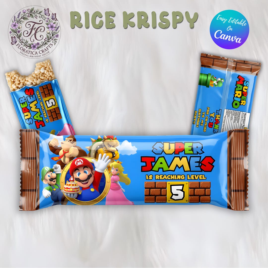 Merigo Rice Box Super Mario Bros Rice Krispy Treat Wrapper, Editable Birthday Party ...