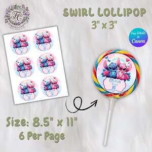 May include: A swirl lollipop with a colorful spiral design, featuring a cartoon character image. The image also shows a sheet of stickers with the same design, measuring 8.5" x 11". The lollipop is 3" x 3".