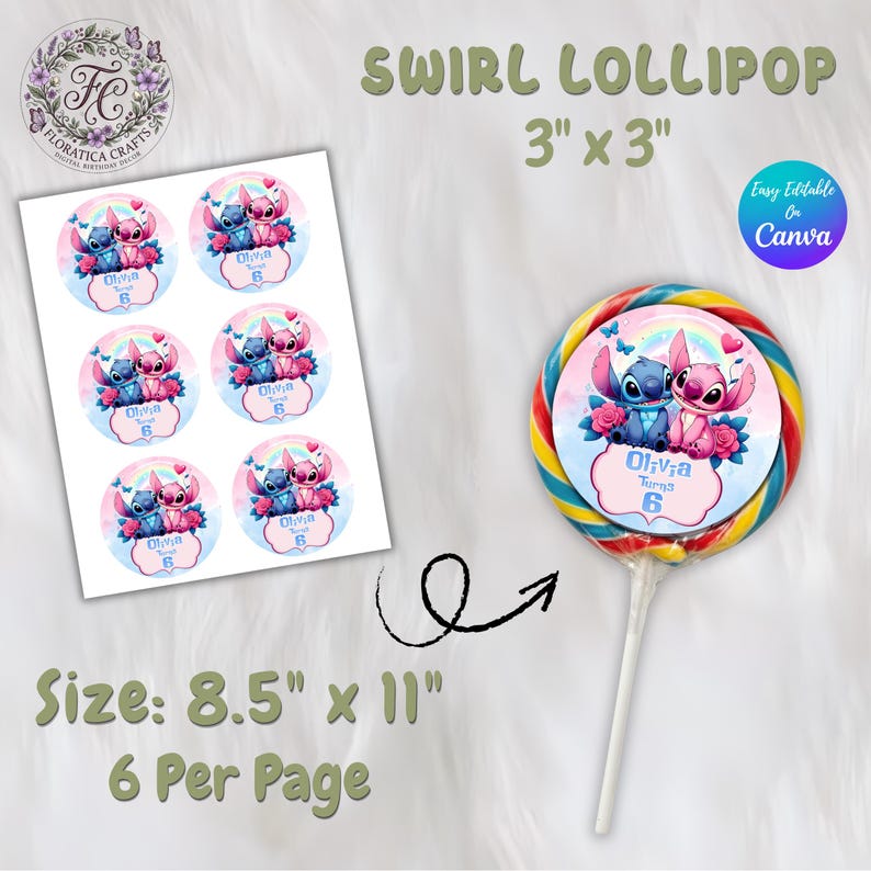 May include: A swirl lollipop with a colorful spiral design, featuring a cartoon character image. The image also shows a sheet of stickers with the same design, measuring 8.5" x 11". The lollipop is 3" x 3".