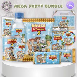 Op de afbeelding: Een feestpakket met een cartoon thema, inclusief een waterfles, snoep, een lolly en andere feestartikelen. De tekst "BRUCE Is Turning 3" staat op de items. Het kleurenschema is blauw, geel en bruin.