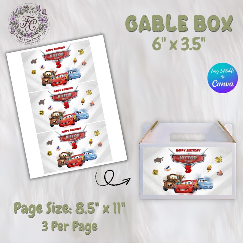 May include: A white gable box with a handle, featuring a "Happy Birthday Victor" design with cartoon cars. The box measures 6" x 3.5". Also shown is a printed sheet with the same design, 8.5" x 11", 3 per page.