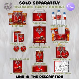 May include: A collection of red party supplies featuring race car graphics and the text Mathew 5. Items include chip bags, a gable box, water bottles, treat bags, a welcome banner, rice krispy treats, swirl lollipops, a juice pouch, a Pringles can, a chocolate bar, an invitation, and a coloring sheet.