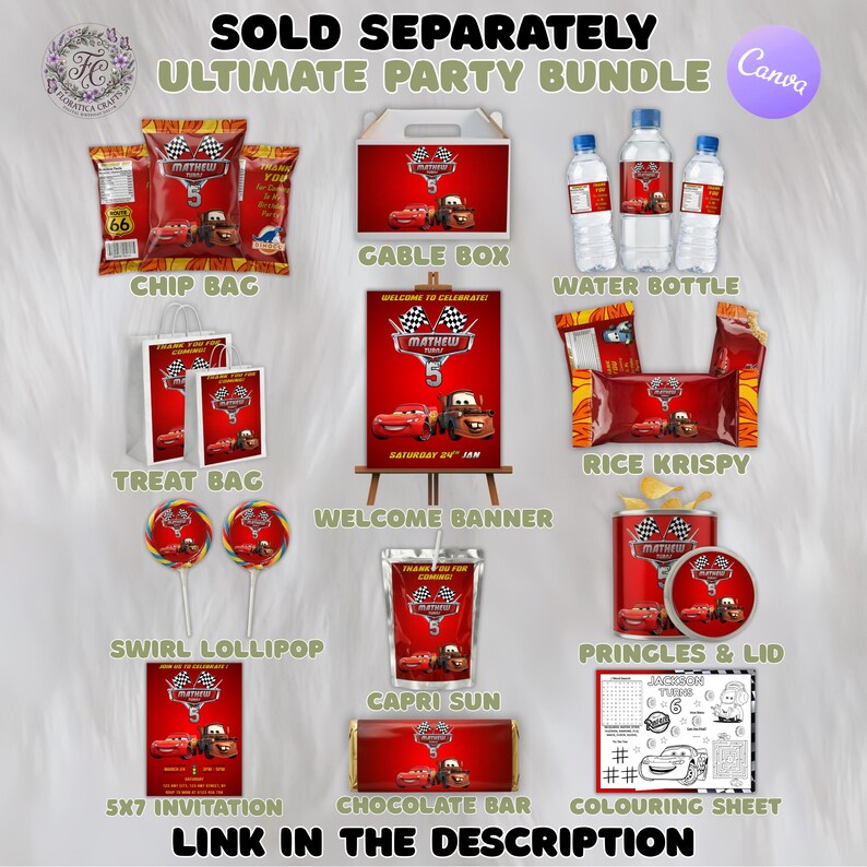 May include: A collection of red party supplies featuring race car graphics and the text Mathew 5. Items include chip bags, a gable box, water bottles, treat bags, a welcome banner, rice krispy treats, swirl lollipops, a juice pouch, a Pringles can, a chocolate bar, an invitation, and a coloring sheet.