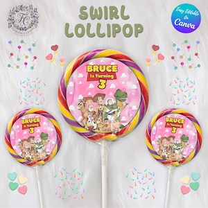 May include: Three swirl lollipops with a pink center featuring characters from a popular animated film. The lollipops have a colorful spiral design and the text "Bruce is Turning 3". The image also includes the text "Swirl Lollipop".