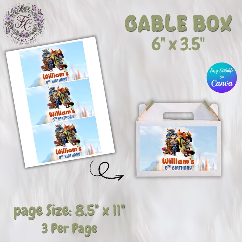 Zootopia Gable Box Label, Judy Hopps Nick Wilde Birthday Party Favor Box, Treat Box Wrapper Printable, Digital Download Party Supplies ZP1 image 3