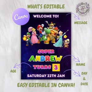 Super Mario Bros Birthday Banner, Super Mario Galaxy Editable Party Welcome Sign Kids Printable Birthday Banner Poster, Digital Download SM1 bild 4