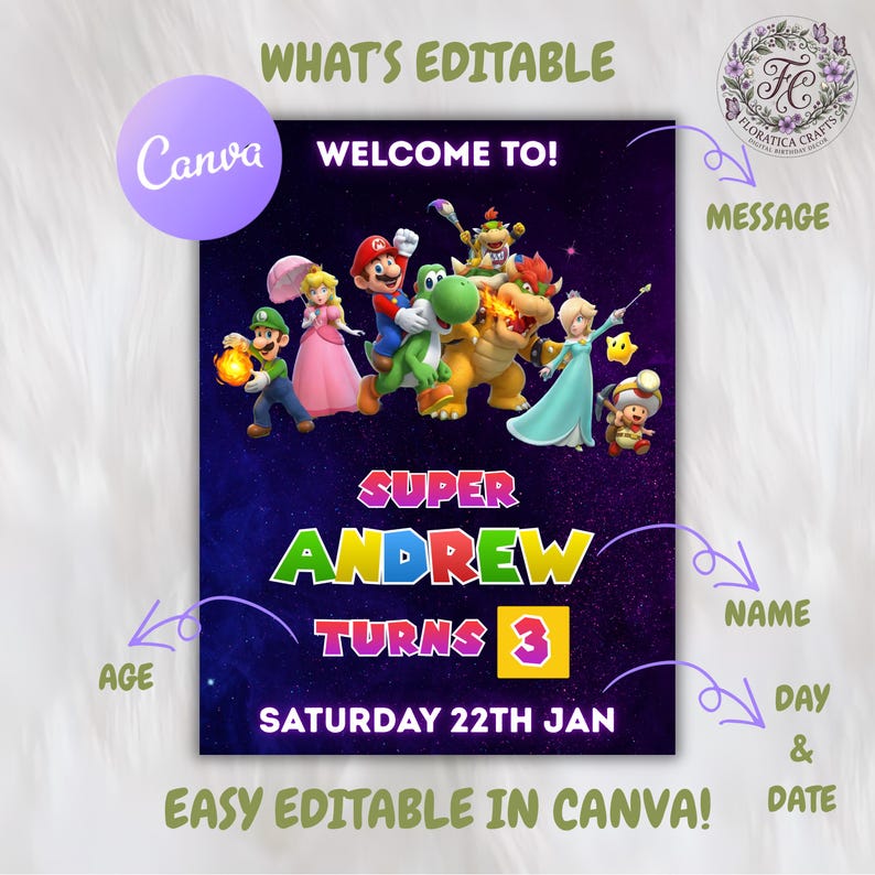 Super Mario Bros Birthday Banner, Super Mario Galaxy Editable Party Welcome Sign Kids Printable Birthday Banner Poster, Digital Download SM1 bild 4