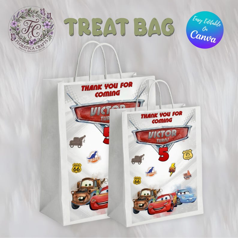 Pu&ograve; includere: Due sacchetti regalo di carta bianca con manici, a tema Cars. Le borse hanno un design con la scritta "THANK YOU FOR COMING" e "VICTOR TURBO". Le borse hanno anche immagini dei personaggi di Cars e il numero 5.
