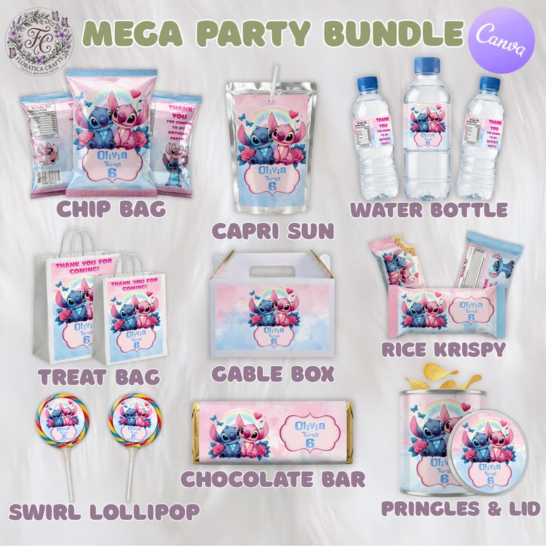 May include: A party bundle featuring various items with a blue and pink cartoon character design. Includes chip bags, Capri Sun pouches, water bottles, treat bags, a gable box, rice krispy treats, swirl lollipops, a chocolate bar, and Pringles. The text "Olivia 6" is visible.