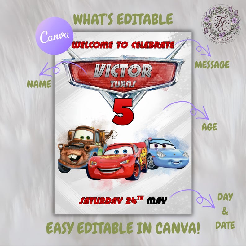 Pu&ograve; includere: Un invito di compleanno con i personaggi del film Cars. Il design include il testo "WELCOME TO CELEBRATE" e "VICTOR TURNS 5". La data "SATURDAY 24TH MAY" &egrave; anch'essa visualizzata. L'invito &egrave; modificabile in Canva.