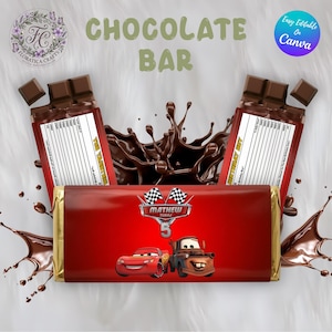 May include: Three chocolate bars with custom red wrappers featuring Lightning McQueen and Mater from Cars. The center bar displays the text 'MATHEW TURNS 5' with checkered flags. The two vertical bars show nutrition facts and 'BIRTHDAY BOY' text.