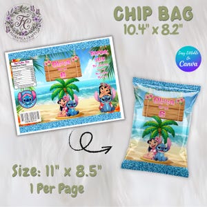 May include: A chip bag design featuring a beach scene with the characters Lilo and Stitch. The bag has a blue glitter border and includes the text "Chip Bag" and "Easy Editable On Canva". The design measures 10.4" x 8.2".