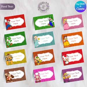 Pode incluir: Cartões de tenda de comida coloridos com vários personagens do Super Mario. Cada cartão tem uma cor de fundo única e um espaço oval branco com o texto "Your Text Here". Os cartões são projetados para fácil personalização e são rotulados como "Food Tent".