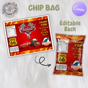 May include: A custom chip bag design featuring a red background with yellow flame patterns, a Route 66 sign, a nutrition facts label, and cartoon race cars. The text reads "Mathew Turns 5," "Thank You For Coming To My Birthday Party," and "Dinoco."