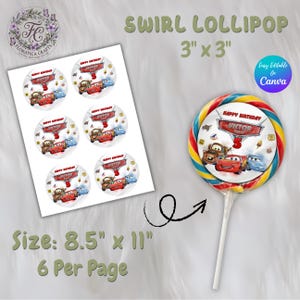 May include: A swirl lollipop with red, yellow, and blue stripes, featuring a Cars-themed design. The image also shows a sheet of six matching stickers, each 3 inches in diameter, with a Cars theme and the text "Happy Birthday Victor".