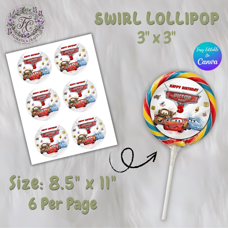 May include: A swirl lollipop with red, yellow, and blue stripes, featuring a Cars-themed design. The image also shows a sheet of six matching stickers, each 3 inches in diameter, with a Cars theme and the text "Happy Birthday Victor".
