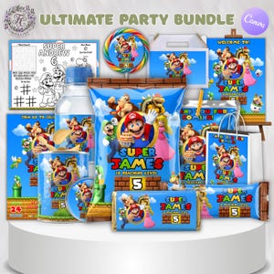 May include: A collection of party supplies featuring a Super Mario theme. Items include a water bottle, candy, a lollipop, a coloring sheet, and various treat bags and boxes. The color scheme is primarily blue, red, and yellow.