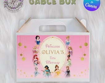 Editable Disney Princess Gable Box Label | Printable Party Favor Sticker, Princess Birthday Decor | Custom Treat Box | Digital Download