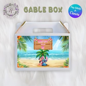 May include: White gable box with a handle, featuring a beach scene with palm trees, the characters Lilo and Stitch, and the text "Oliva Turns 6." The box also has the text "GABLE BOX" and "Easy Editable On Canva."