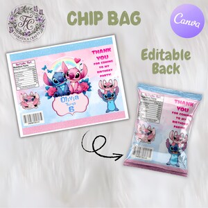 Może przedstawiać: Projekt torby na chipsy z postaciami Stitch i Angel, w r&oacute;żowo-niebieskiej kolorystyce. Widoczny jest tekst "CHIP BAG" i "Editable Back". Projekt zawiera tekst "THANK YOU FOR COMING TO MY BIRTHDAY PARTY!"