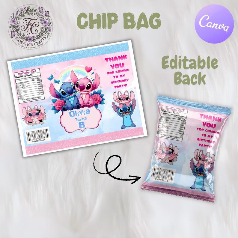 Może przedstawiać: Projekt torby na chipsy z postaciami Stitch i Angel, w r&oacute;żowo-niebieskiej kolorystyce. Widoczny jest tekst "CHIP BAG" i "Editable Back". Projekt zawiera tekst "THANK YOU FOR COMING TO MY BIRTHDAY PARTY!"