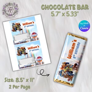 May include: A chocolate bar wrapper with a gold foil border, featuring a cartoon image and the text "William's 8th Birthday." The wrapper is 5.7" x 5.33" and the paper size is 8.5" x 11".