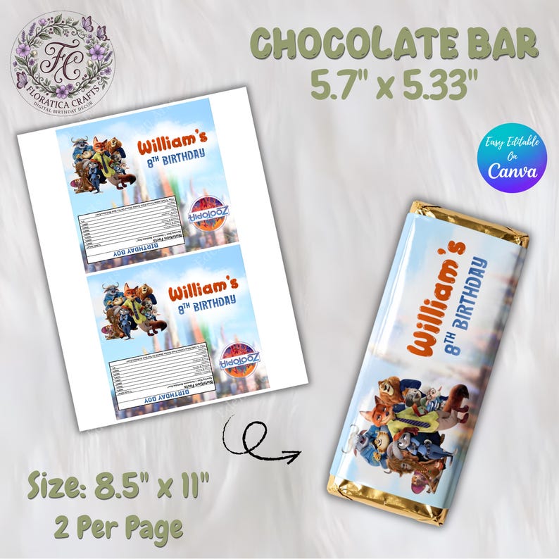 May include: A chocolate bar wrapper with a gold foil border, featuring a cartoon image and the text "William's 8th Birthday." The wrapper is 5.7" x 5.33" and the paper size is 8.5" x 11".
