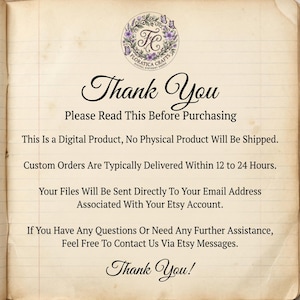 Pu&ograve; includere: A notice for a digital product on aged paper. The text "Thank You" is in elegant script, followed by purchase instructions. A floral logo is at the top. The notice states the product is digital.