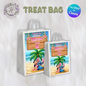 May include: White paper treat bags with a tropical beach scene featuring a cartoon character. The bags have the text "TREAT BAG" and "Easy Editable On Canva". The design includes a wooden sign with the name "Olivia" and the number "6".