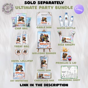 May include: An assortment of party supplies, including chip bags, a gable box, water bottles, treat bags, a welcome banner, rice krispy treats, swirl lollipops, Capri Sun, a chocolate bar, Pringles, and a coloring sheet. All items feature a cartoon theme and the text "William's 8th Birthday".