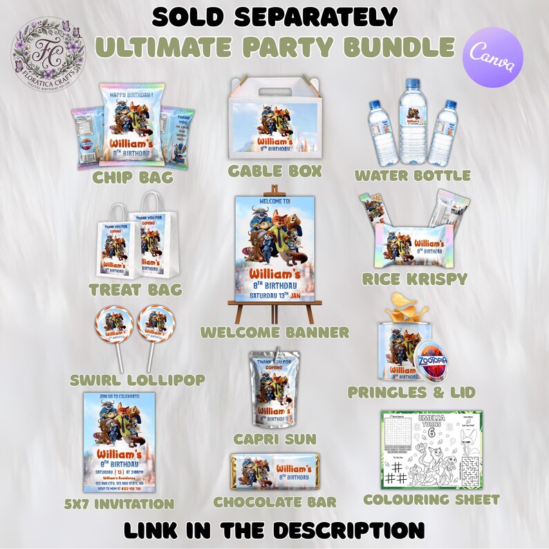 May include: An assortment of party supplies, including chip bags, a gable box, water bottles, treat bags, a welcome banner, rice krispy treats, swirl lollipops, Capri Sun, a chocolate bar, Pringles, and a coloring sheet. All items feature a cartoon theme and the text "William's 8th Birthday".