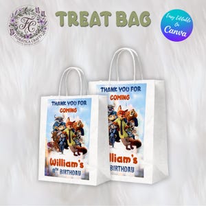 Zootopia Treat Bag Label, Judy Hopps Nick Wilde Birthday Party Favor Bag, Goodie Bag Topper Printable, Digital Download Party Supplies ZP1 image 1