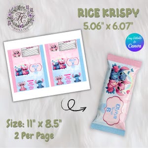 May include: A pink and blue Rice Krispy treat wrapper featuring the characters Stitch and Angel. The wrapper is 5.06" x 6.07" and includes the text "Olivia Turns 6". The design is editable on Canva.