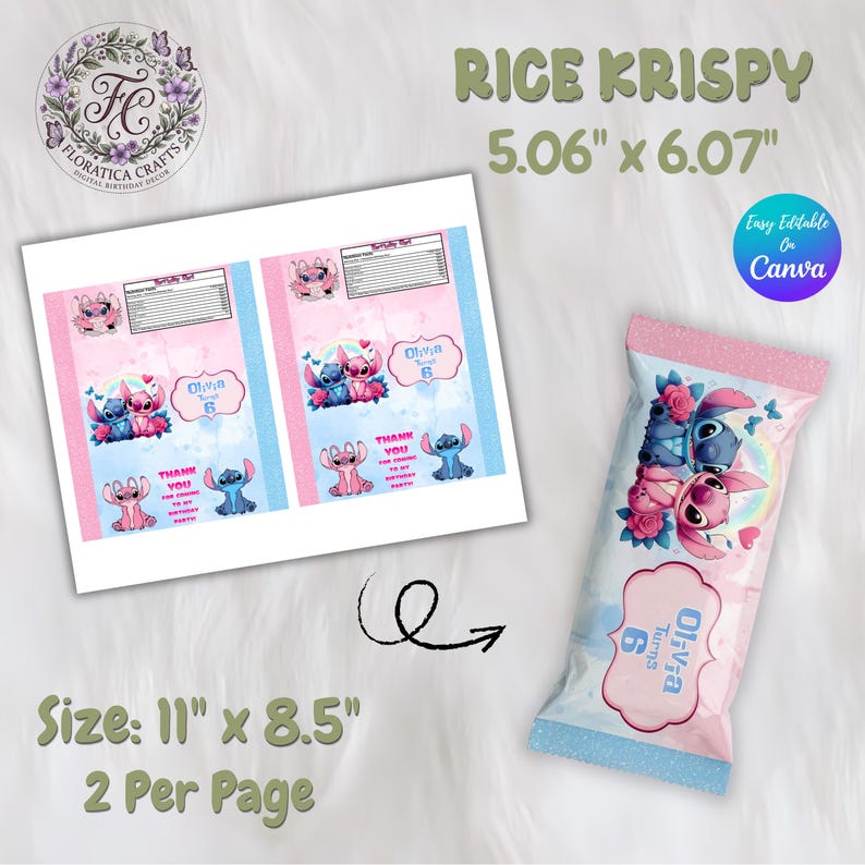 May include: A pink and blue Rice Krispy treat wrapper featuring the characters Stitch and Angel. The wrapper is 5.06" x 6.07" and includes the text "Olivia Turns 6". The design is editable on Canva.
