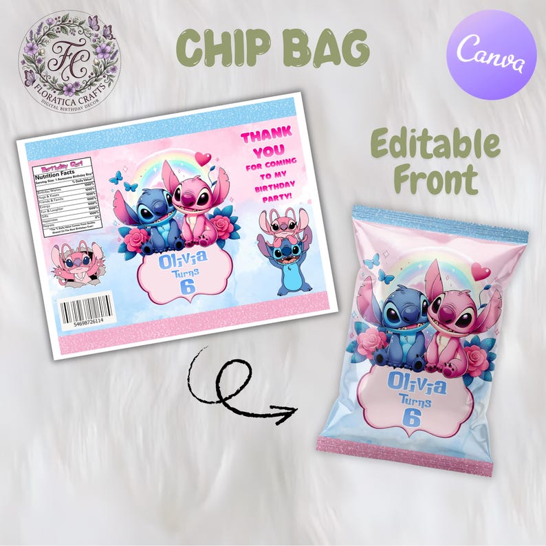 Może przedstawiać: R&oacute;żowy i niebieski projekt torebki na chipsy z napisem "CHIP BAG" i "Editable Front". Projekt zawiera postacie z kresk&oacute;wek, kwiaty i tekst "Olivia Turns 6". Widoczne są r&oacute;wnież słowa "Thank You For Coming To My Birthday Party!".