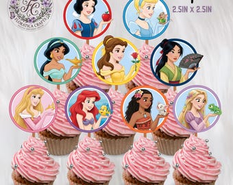 9 Disney Princess Printable Cupcake Toppers Girls Birthday Party Picks Cinderella Dessert Decoration Snow White Cake Topper Digital Download