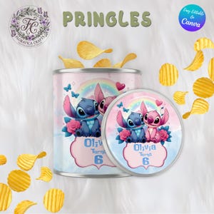 May include: A custom Pringles can and lid featuring the characters Stitch and Angel, with a rainbow and floral design. The can is decorated with the name "Olivia" and the number "6". The image also includes scattered potato chips.