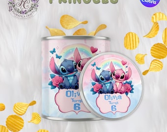 Stitch Angel Pringles Can Wrapper-label, bewerkbaar verjaardagsfeestje (digitale download)