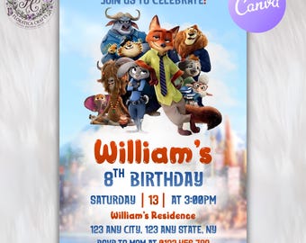 Zootopia Birthday Invitation, Judy Hopps Nick Wilde Party Invite Card, Printable Digital Download, Editable Birthday Party Invitation ZP1
