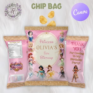 Modello modificabile per sacchetto di patatine con le Principesse Disney / Bomboniera stampabile, decorazione per compleanno a tema principesse / Etichetta personalizzata per sacchetto snack / Download digitale