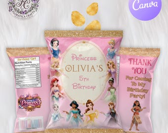 Editable Disney Princess Chip Bag Template | Printable Party Favor, Princess Birthday Decor | Custom Snack Bag Label | Digital Download