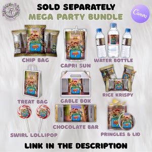 Puede incluir: Un conjunto de recuerdos de fiesta con el tema "Toy Story". Incluye bolsas de patatas fritas, bolsas de Capri Sun, botellas de agua, bolsas de golosinas, cajas Gable, Rice Krispy Treats, piruletas, barras de chocolate y Pringles. El texto en los art&iacute;culos dice "Andy cumple 2 a&ntilde;os".
